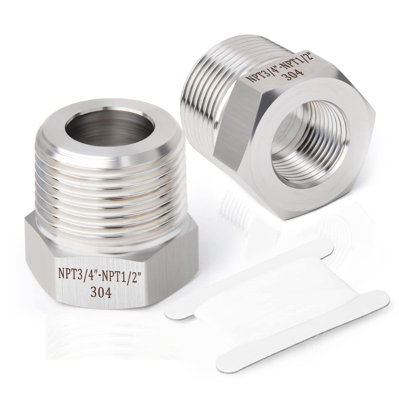 TAISHER 2PCS Forging of 304 Stainless Steel Reducer Hex Bushing, 3/4" Male NPT to 1/2" Female NPT, Reducing Forging Pipe Adapter Fitting - Image 1